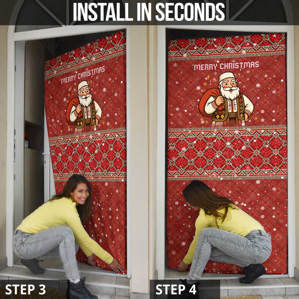 Albania Christmas Door Cover with Red Geometric Design, Golden Double-Headed Eagle, and Santa Motif - Wonder Print Shop