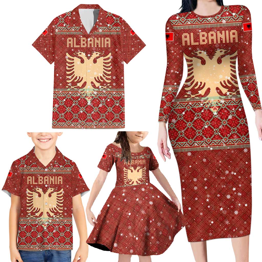 Albania Christmas Family Matching Long Sleeve Bodycon Dress and Hawaiian Shirt with Red Geometric Design, Golden Double-Headed Eagle, and Santa Motif - Wonder Print Shop