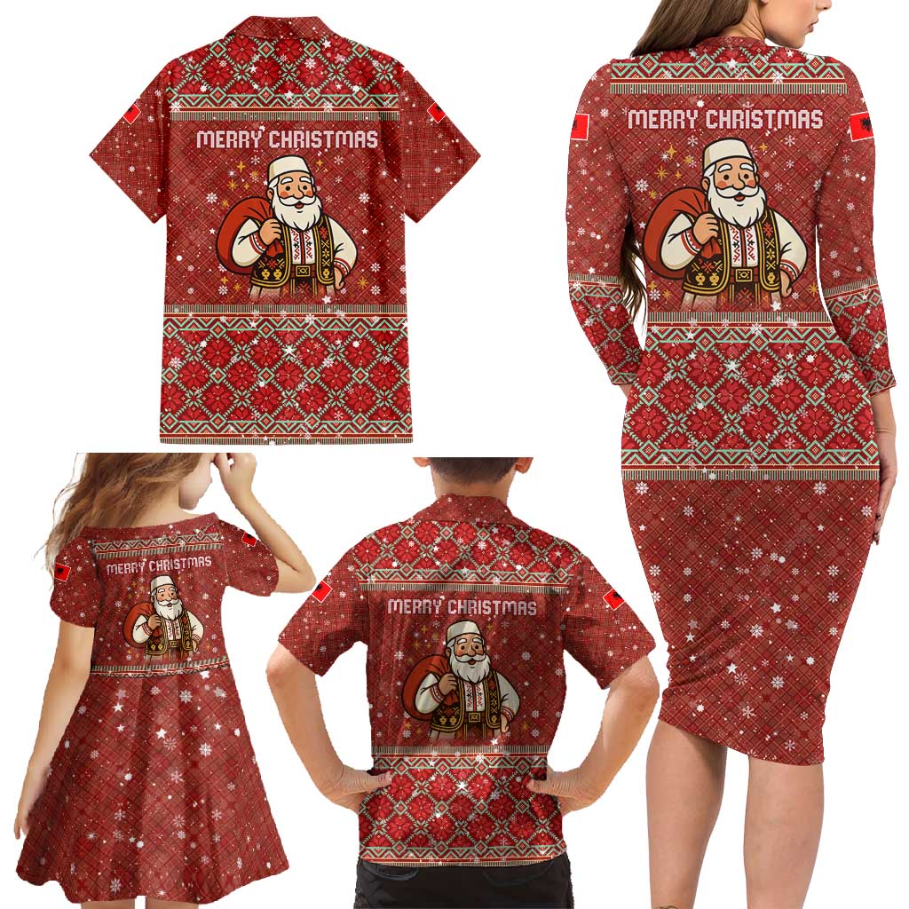 Albania Christmas Family Matching Long Sleeve Bodycon Dress and Hawaiian Shirt with Red Geometric Design, Golden Double-Headed Eagle, and Santa Motif - Wonder Print Shop
