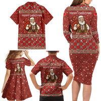 Albania Christmas Family Matching Long Sleeve Bodycon Dress and Hawaiian Shirt with Red Geometric Design, Golden Double-Headed Eagle, and Santa Motif - Wonder Print Shop