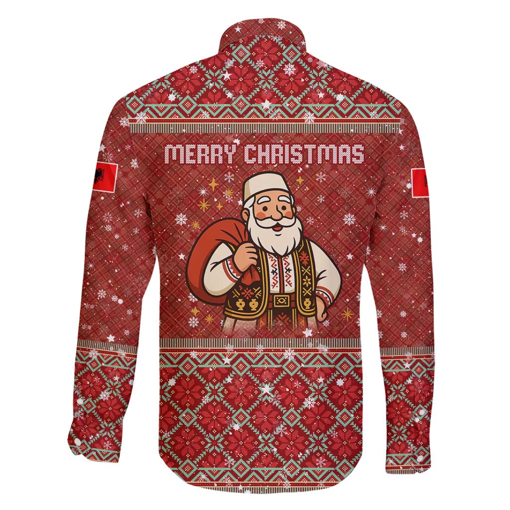 Albania Christmas Family Matching Long Sleeve Bodycon Dress and Hawaiian Shirt with Red Geometric Design, Golden Double-Headed Eagle, and Santa Motif - Wonder Print Shop