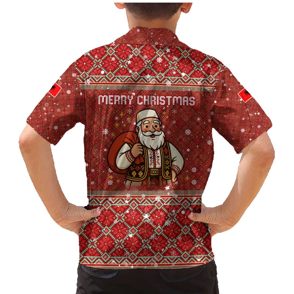 Albania Christmas Family Matching Mermaid Dress and Hawaiian Shirt with Red Geometric Design, Golden Double-Headed Eagle, and Santa Motif - Wonder Print Shop