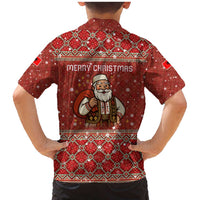 Albania Christmas Family Matching Mermaid Dress and Hawaiian Shirt with Red Geometric Design, Golden Double-Headed Eagle, and Santa Motif - Wonder Print Shop