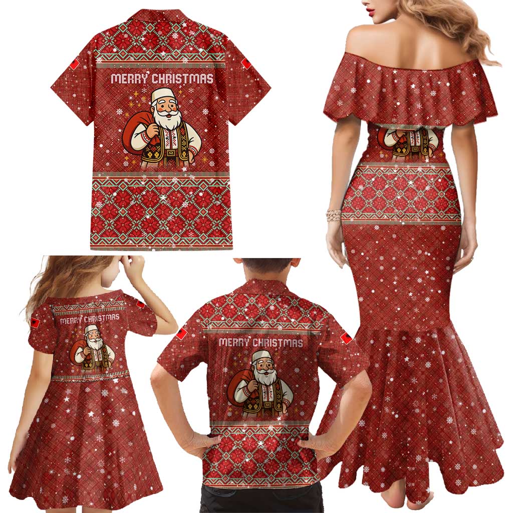 Albania Christmas Family Matching Mermaid Dress and Hawaiian Shirt with Red Geometric Design, Golden Double-Headed Eagle, and Santa Motif - Wonder Print Shop