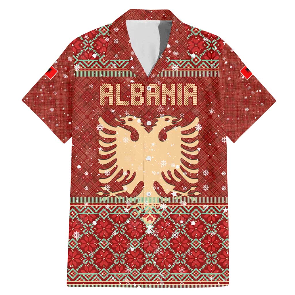 Albania Christmas Family Matching Mermaid Dress and Hawaiian Shirt with Red Geometric Design, Golden Double-Headed Eagle, and Santa Motif - Wonder Print Shop