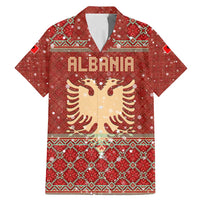 Albania Christmas Family Matching Mermaid Dress and Hawaiian Shirt with Red Geometric Design, Golden Double-Headed Eagle, and Santa Motif - Wonder Print Shop