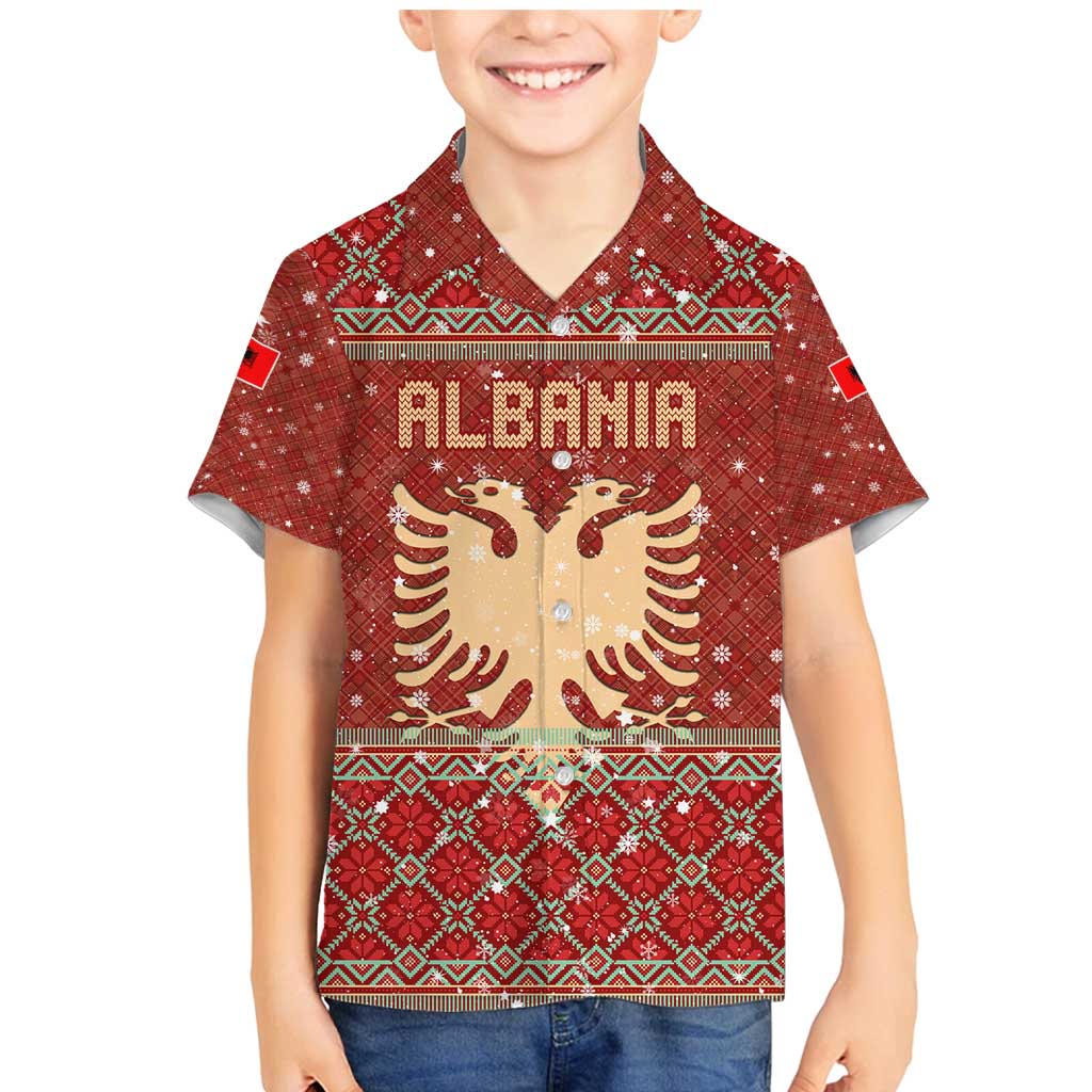 Albania Christmas Family Matching Mermaid Dress and Hawaiian Shirt with Red Geometric Design, Golden Double-Headed Eagle, and Santa Motif - Wonder Print Shop