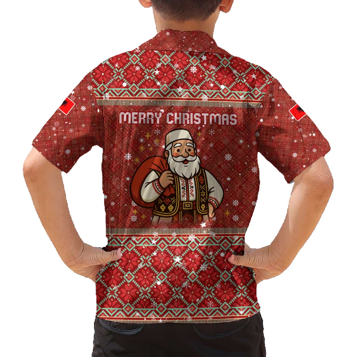 Albania Christmas Family Matching Off The Shoulder Long Sleeve Dress and Hawaiian Shirt with Red Geometric Design, Golden Double-Headed Eagle, and Santa Motif - Wonder Print Shop