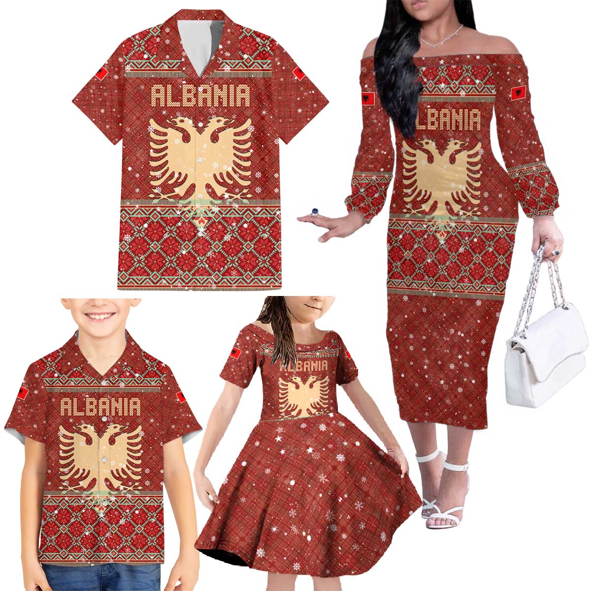 Albania Christmas Family Matching Off The Shoulder Long Sleeve Dress and Hawaiian Shirt with Red Geometric Design, Golden Double-Headed Eagle, and Santa Motif - Wonder Print Shop