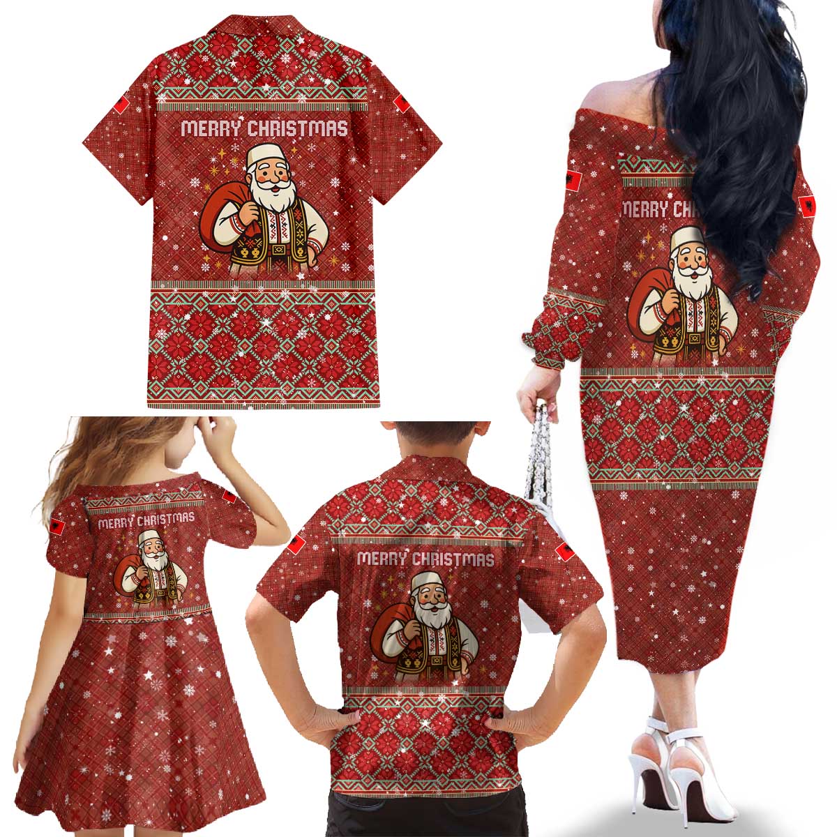 Albania Christmas Family Matching Off The Shoulder Long Sleeve Dress and Hawaiian Shirt with Red Geometric Design, Golden Double-Headed Eagle, and Santa Motif - Wonder Print Shop