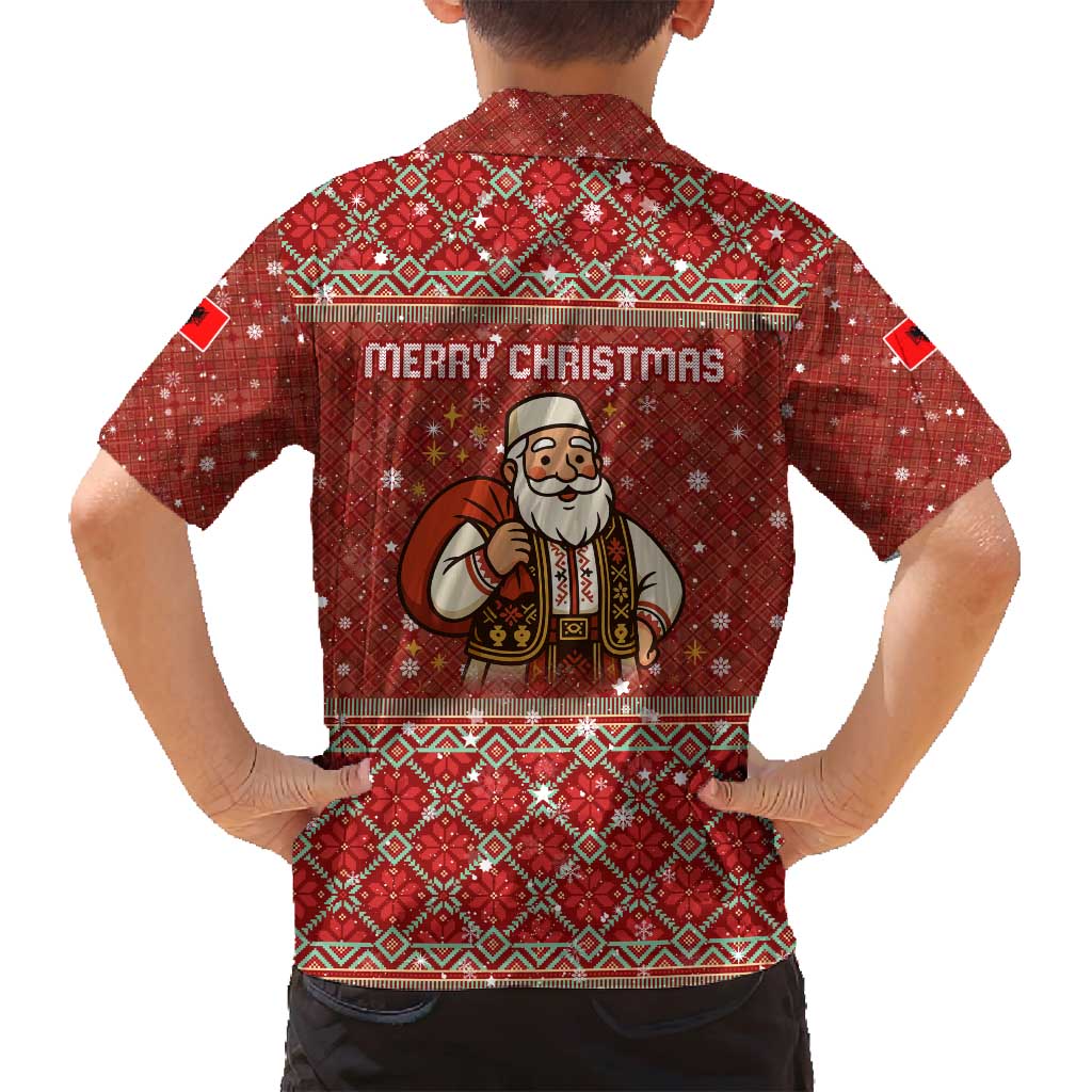 Albania Christmas Family Matching Off Shoulder Maxi Dress and Hawaiian Shirt with Red Geometric Design, Golden Double-Headed Eagle, and Santa Motif - Wonder Print Shop
