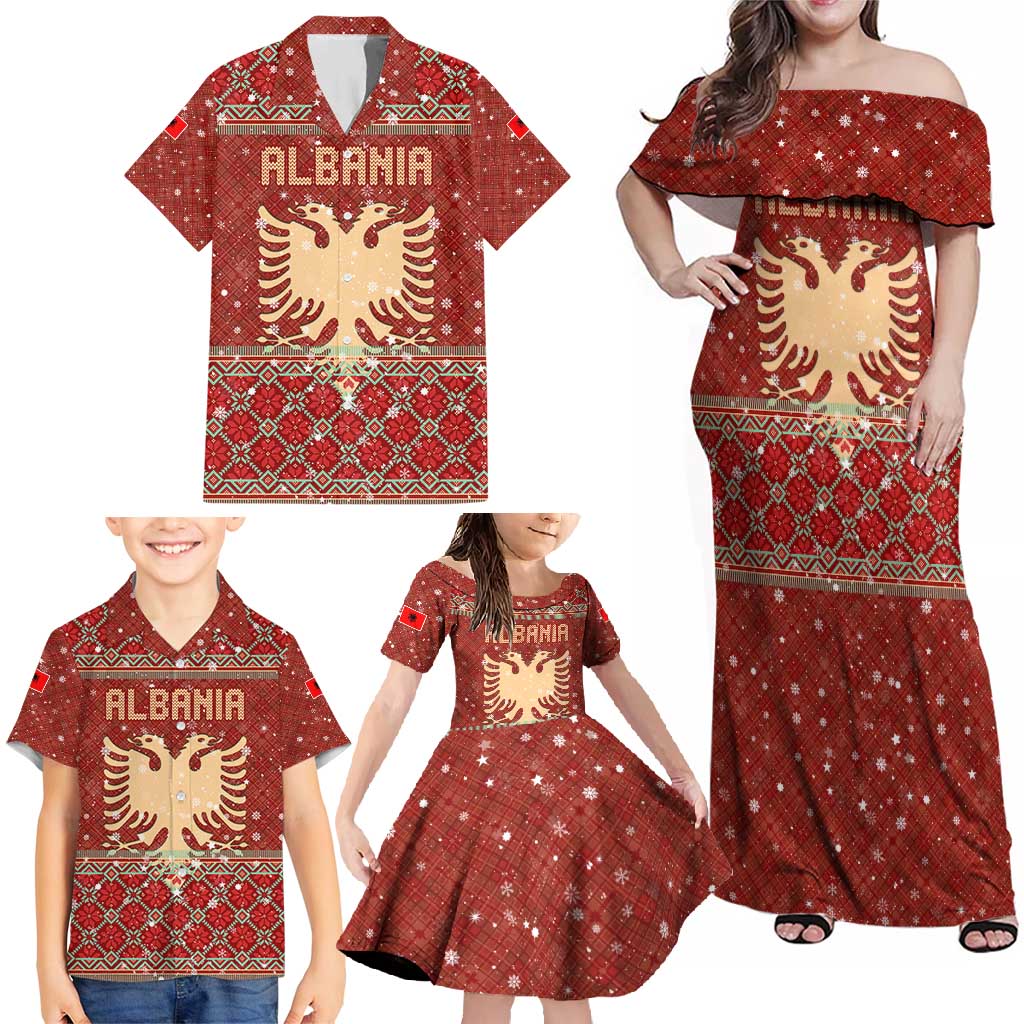 Albania Christmas Family Matching Off Shoulder Maxi Dress and Hawaiian Shirt with Red Geometric Design, Golden Double-Headed Eagle, and Santa Motif - Wonder Print Shop