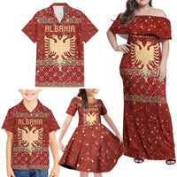 Albania Christmas Family Matching Off Shoulder Maxi Dress and Hawaiian Shirt with Red Geometric Design, Golden Double-Headed Eagle, and Santa Motif - Wonder Print Shop