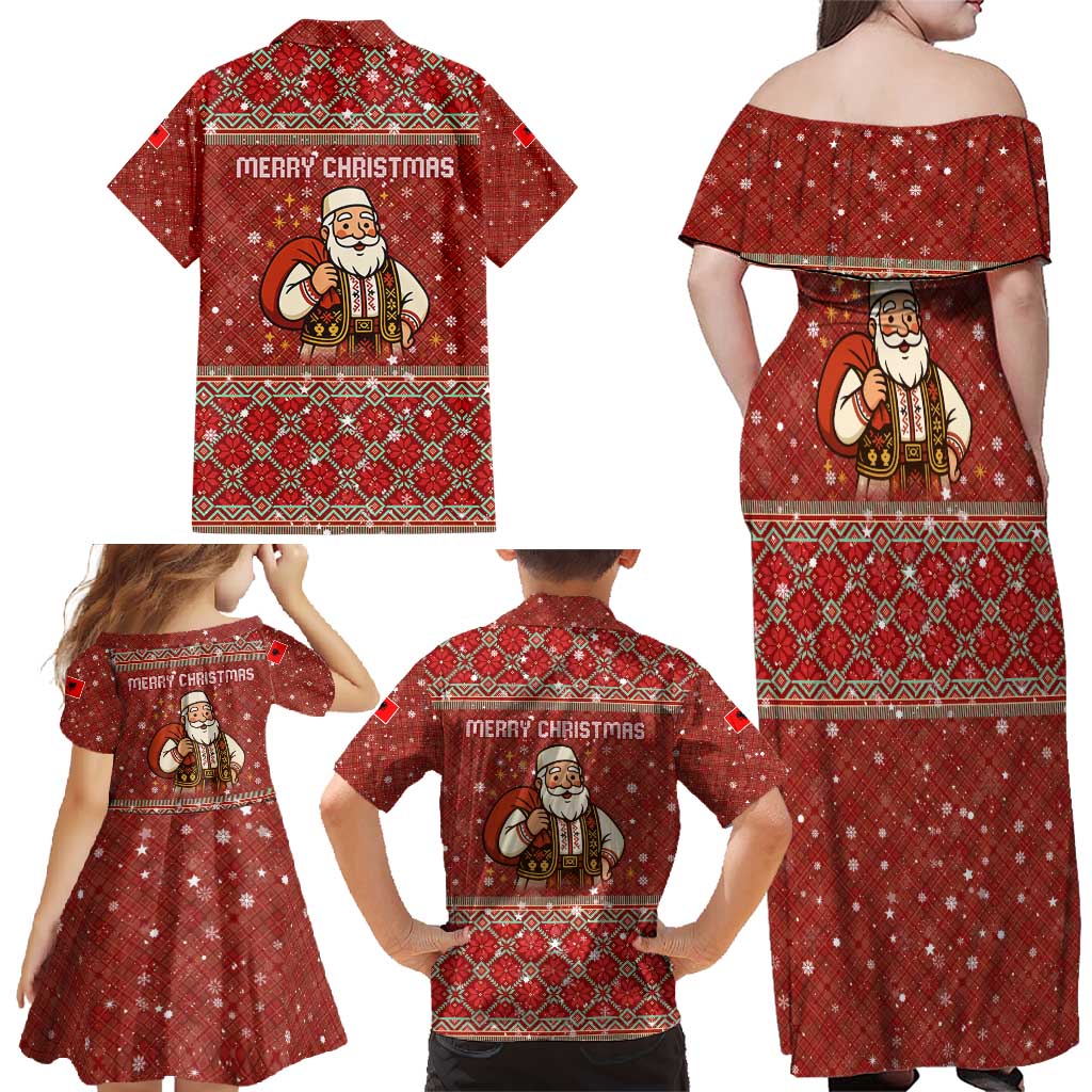 Albania Christmas Family Matching Off Shoulder Maxi Dress and Hawaiian Shirt with Red Geometric Design, Golden Double-Headed Eagle, and Santa Motif - Wonder Print Shop