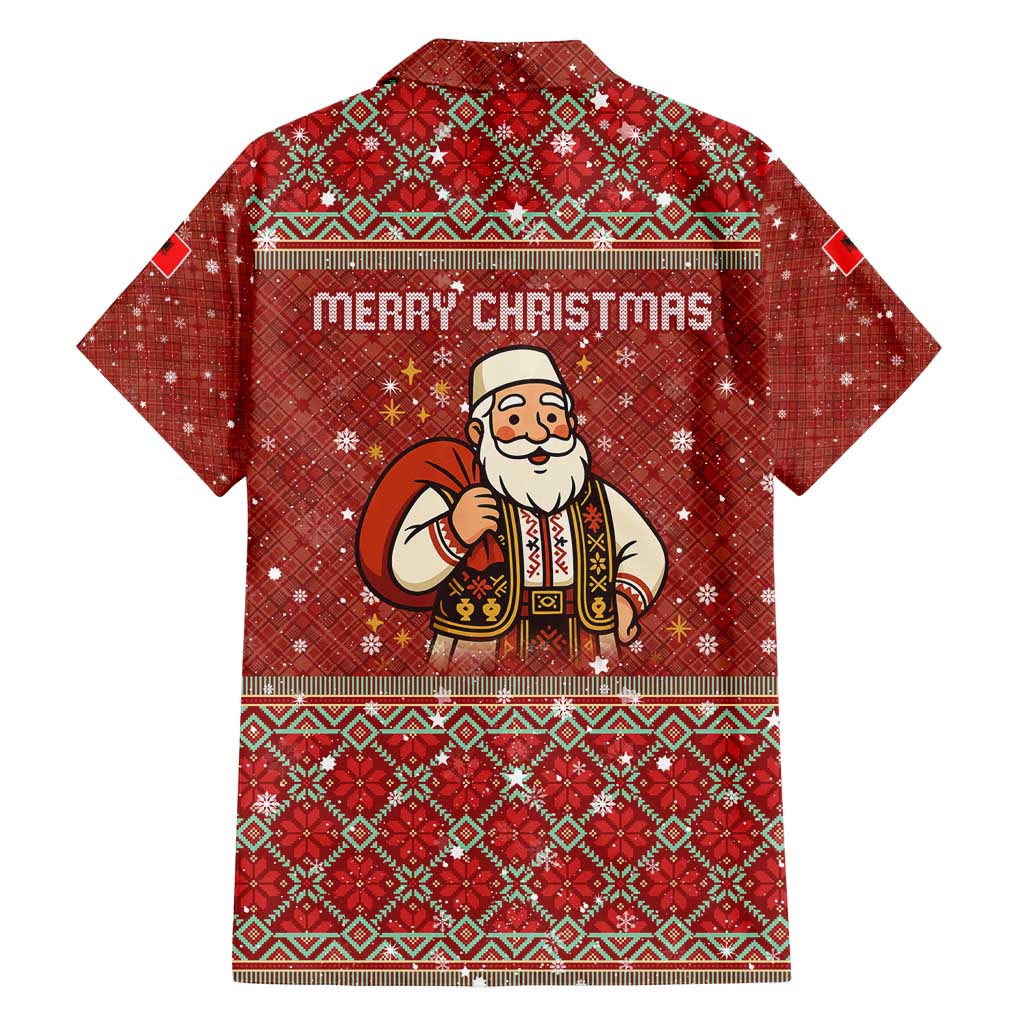 Albania Christmas Family Matching Off Shoulder Maxi Dress and Hawaiian Shirt with Red Geometric Design, Golden Double-Headed Eagle, and Santa Motif - Wonder Print Shop