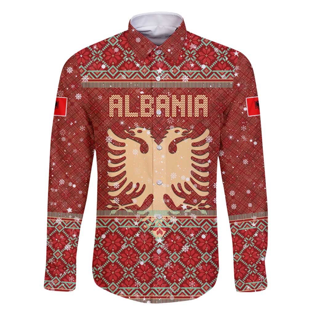 Albania Christmas Family Matching Off Shoulder Maxi Dress and Hawaiian Shirt with Red Geometric Design, Golden Double-Headed Eagle, and Santa Motif - Wonder Print Shop