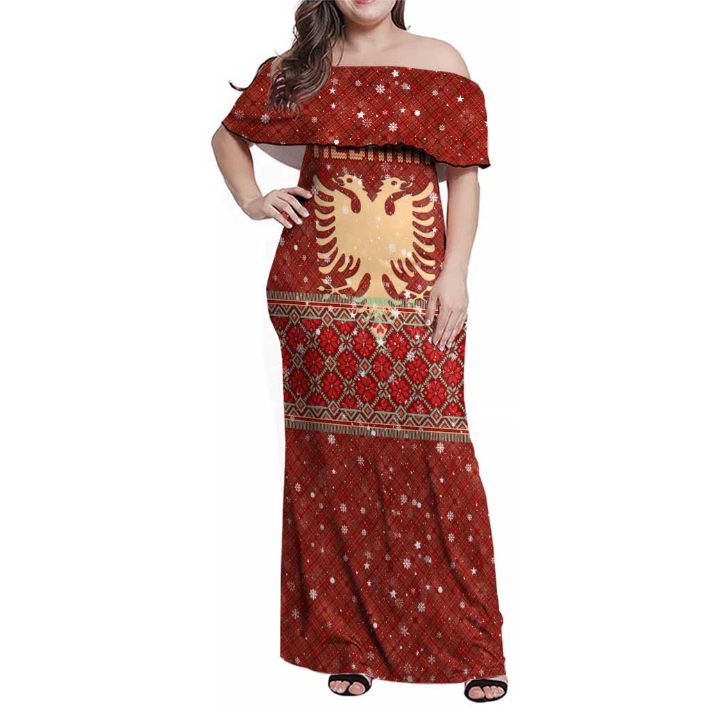 Albania Christmas Family Matching Off Shoulder Maxi Dress and Hawaiian Shirt with Red Geometric Design, Golden Double-Headed Eagle, and Santa Motif - Wonder Print Shop