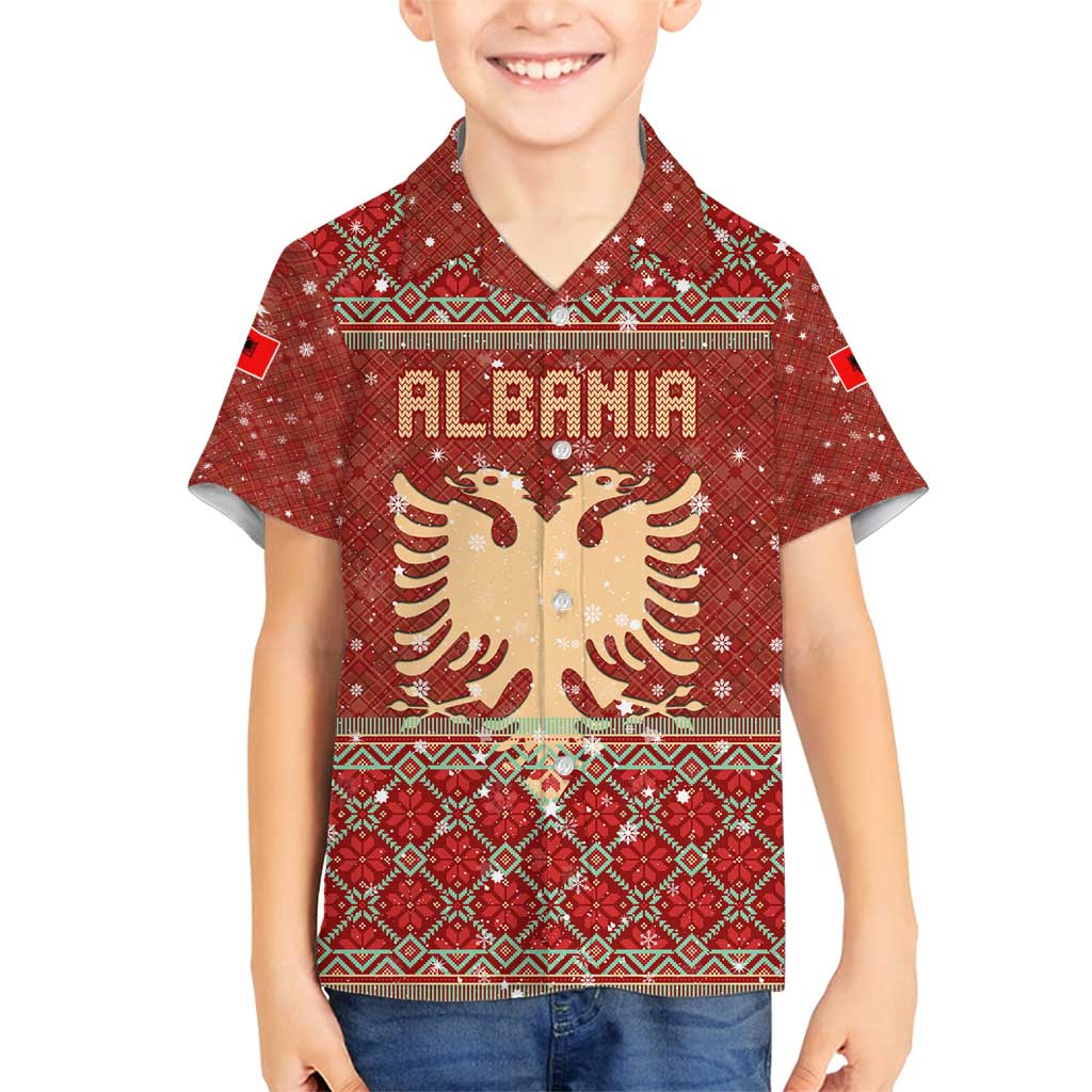 Albania Christmas Family Matching Off Shoulder Maxi Dress and Hawaiian Shirt with Red Geometric Design, Golden Double-Headed Eagle, and Santa Motif - Wonder Print Shop