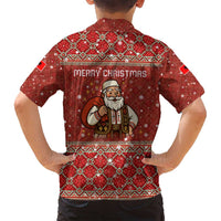 Albania Christmas Family Matching Off Shoulder Short Dress and Hawaiian Shirt with Red Geometric Design, Golden Double-Headed Eagle, and Santa Motif - Wonder Print Shop