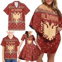 Albania Christmas Family Matching Off Shoulder Short Dress and Hawaiian Shirt with Red Geometric Design, Golden Double-Headed Eagle, and Santa Motif - Wonder Print Shop