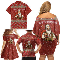 Albania Christmas Family Matching Off Shoulder Short Dress and Hawaiian Shirt with Red Geometric Design, Golden Double-Headed Eagle, and Santa Motif - Wonder Print Shop
