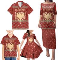 Albania Christmas Family Matching Puletasi and Hawaiian Shirt with Red Geometric Design, Golden Double-Headed Eagle, and Santa Motif - Wonder Print Shop