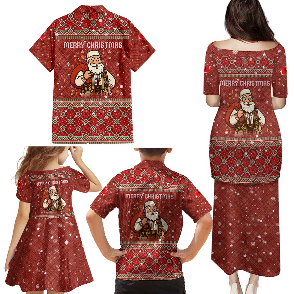 Albania Christmas Family Matching Puletasi and Hawaiian Shirt with Red Geometric Design, Golden Double-Headed Eagle, and Santa Motif - Wonder Print Shop
