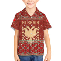 Albania Christmas Family Matching Puletasi and Hawaiian Shirt with Red Geometric Design, Golden Double-Headed Eagle, and Santa Motif - Wonder Print Shop