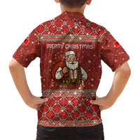 Albania Christmas Family Matching Short Sleeve Bodycon Dress and Hawaiian Shirt with Red Geometric Design, Golden Double-Headed Eagle, and Santa Motif - Wonder Print Shop