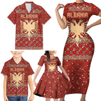 Albania Christmas Family Matching Short Sleeve Bodycon Dress and Hawaiian Shirt with Red Geometric Design, Golden Double-Headed Eagle, and Santa Motif - Wonder Print Shop