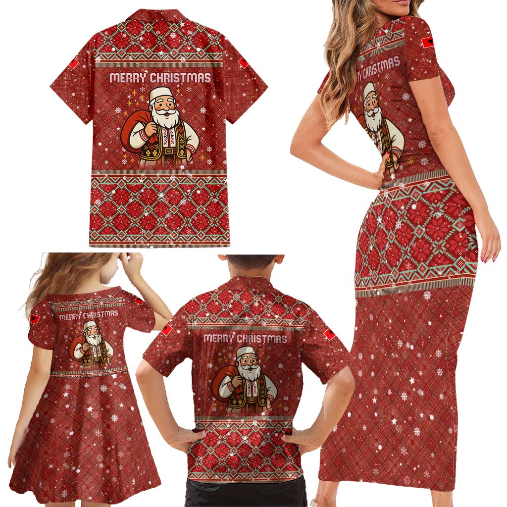 Albania Christmas Family Matching Short Sleeve Bodycon Dress and Hawaiian Shirt with Red Geometric Design, Golden Double-Headed Eagle, and Santa Motif - Wonder Print Shop