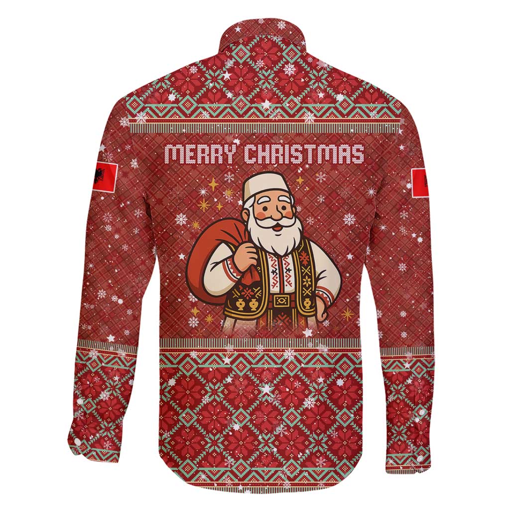 Albania Christmas Family Matching Short Sleeve Bodycon Dress and Hawaiian Shirt with Red Geometric Design, Golden Double-Headed Eagle, and Santa Motif - Wonder Print Shop