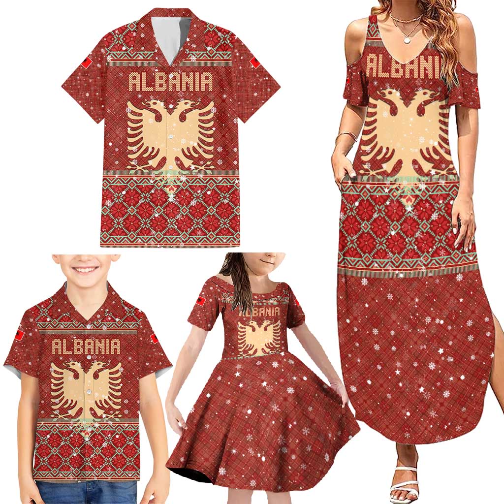 Albania Christmas Family Matching Summer Maxi Dress and Hawaiian Shirt with Red Geometric Design, Golden Double-Headed Eagle, and Santa Motif - Wonder Print Shop