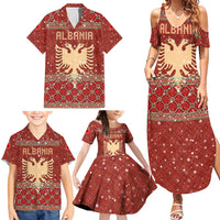 Albania Christmas Family Matching Summer Maxi Dress and Hawaiian Shirt with Red Geometric Design, Golden Double-Headed Eagle, and Santa Motif - Wonder Print Shop