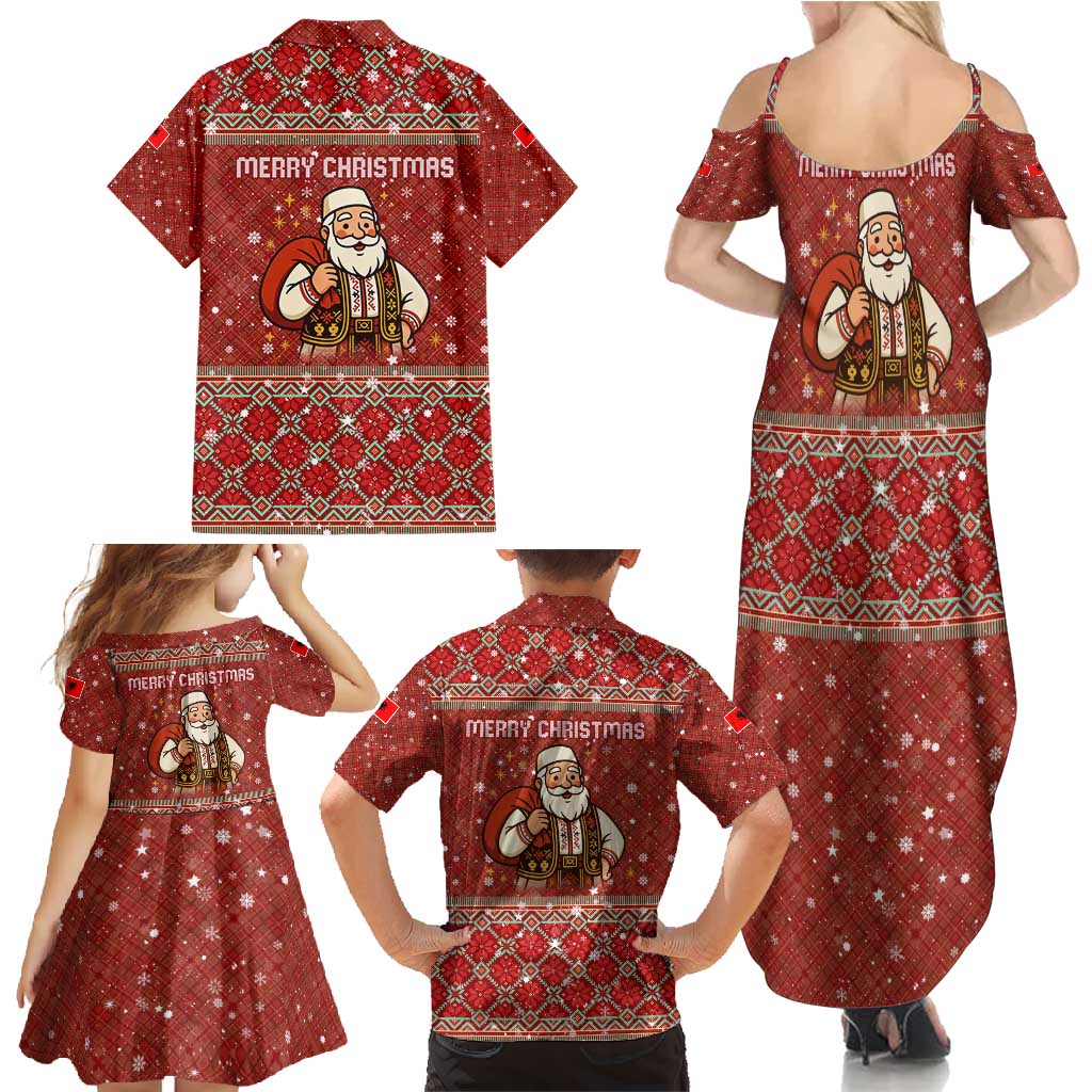 Albania Christmas Family Matching Summer Maxi Dress and Hawaiian Shirt with Red Geometric Design, Golden Double-Headed Eagle, and Santa Motif - Wonder Print Shop