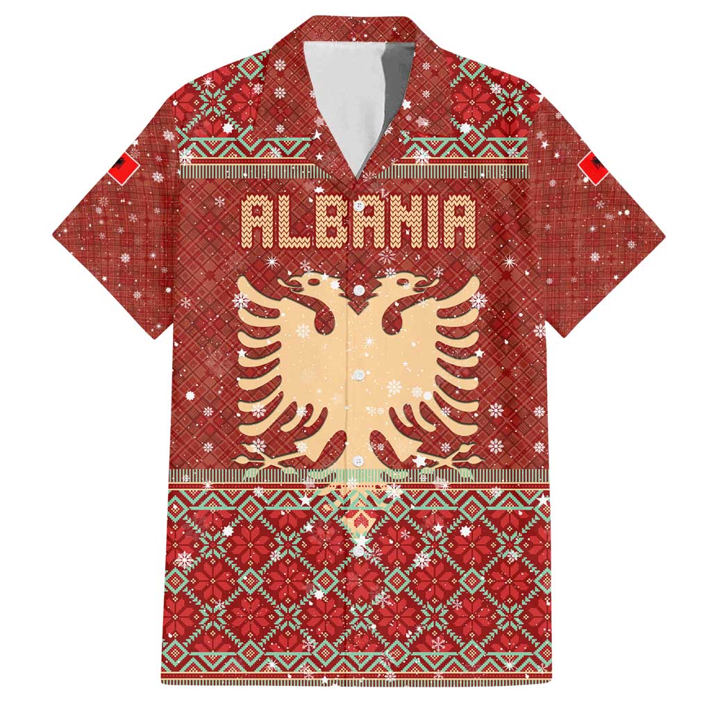 Albania Christmas Family Matching Summer Maxi Dress and Hawaiian Shirt with Red Geometric Design, Golden Double-Headed Eagle, and Santa Motif - Wonder Print Shop