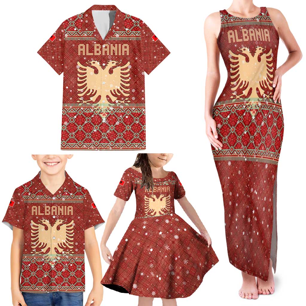 Albania Christmas Family Matching Tank Maxi Dress and Hawaiian Shirt with Red Geometric Design, Golden Double-Headed Eagle, and Santa Motif - Wonder Print Shop
