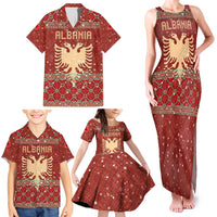Albania Christmas Family Matching Tank Maxi Dress and Hawaiian Shirt with Red Geometric Design, Golden Double-Headed Eagle, and Santa Motif - Wonder Print Shop