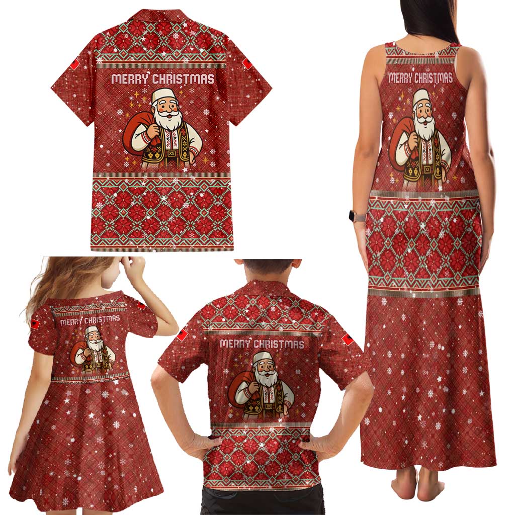Albania Christmas Family Matching Tank Maxi Dress and Hawaiian Shirt with Red Geometric Design, Golden Double-Headed Eagle, and Santa Motif - Wonder Print Shop