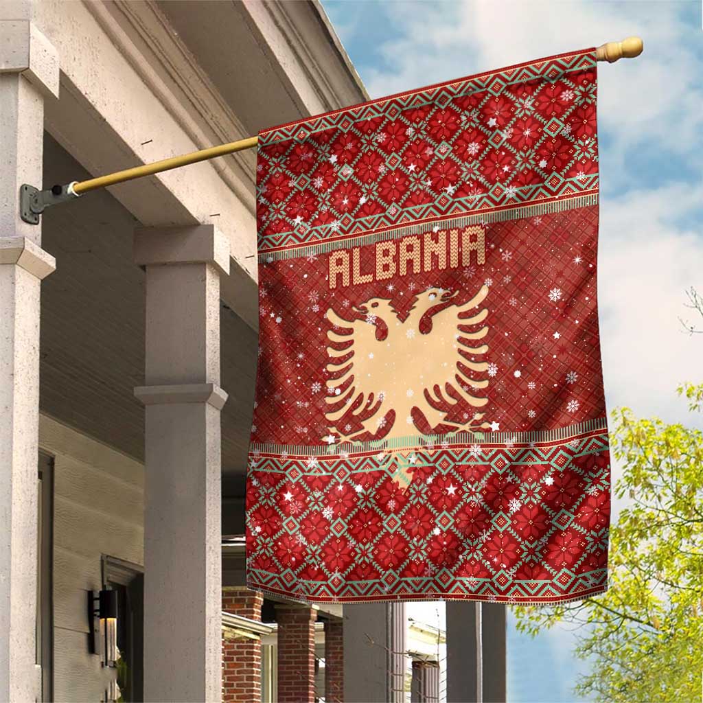 Albania Christmas Garden Flag with Red Geometric Design, Golden Double-Headed Eagle, and Santa Motif - Wonder Print Shop