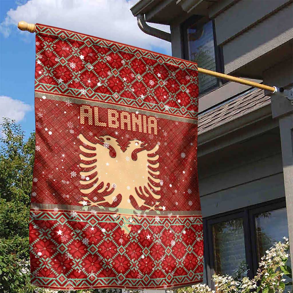 Albania Christmas Garden Flag with Red Geometric Design, Golden Double-Headed Eagle, and Santa Motif - Wonder Print Shop
