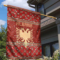 Albania Christmas Garden Flag with Red Geometric Design, Golden Double-Headed Eagle, and Santa Motif - Wonder Print Shop