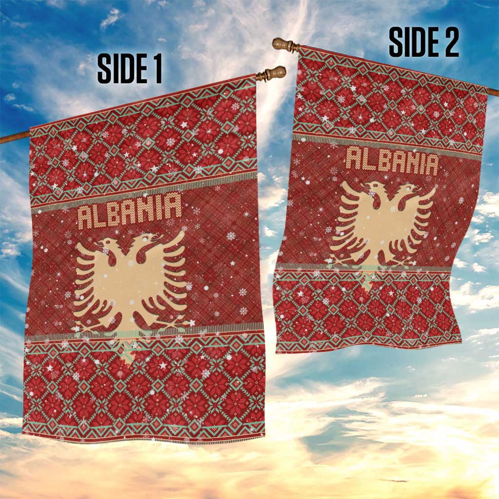 Albania Christmas Garden Flag with Red Geometric Design, Golden Double-Headed Eagle, and Santa Motif - Wonder Print Shop