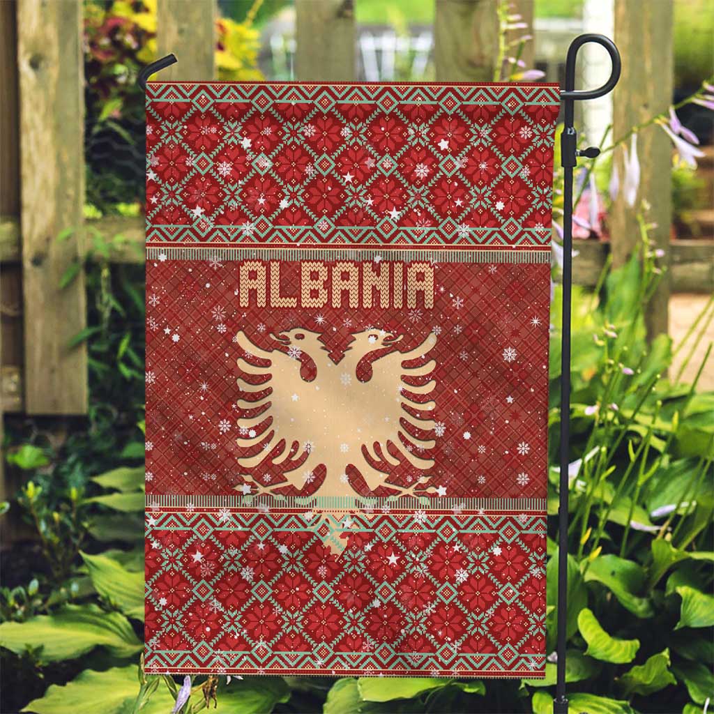 Albania Christmas Garden Flag with Red Geometric Design, Golden Double-Headed Eagle, and Santa Motif - Wonder Print Shop