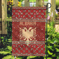Albania Christmas Garden Flag with Red Geometric Design, Golden Double-Headed Eagle, and Santa Motif - Wonder Print Shop