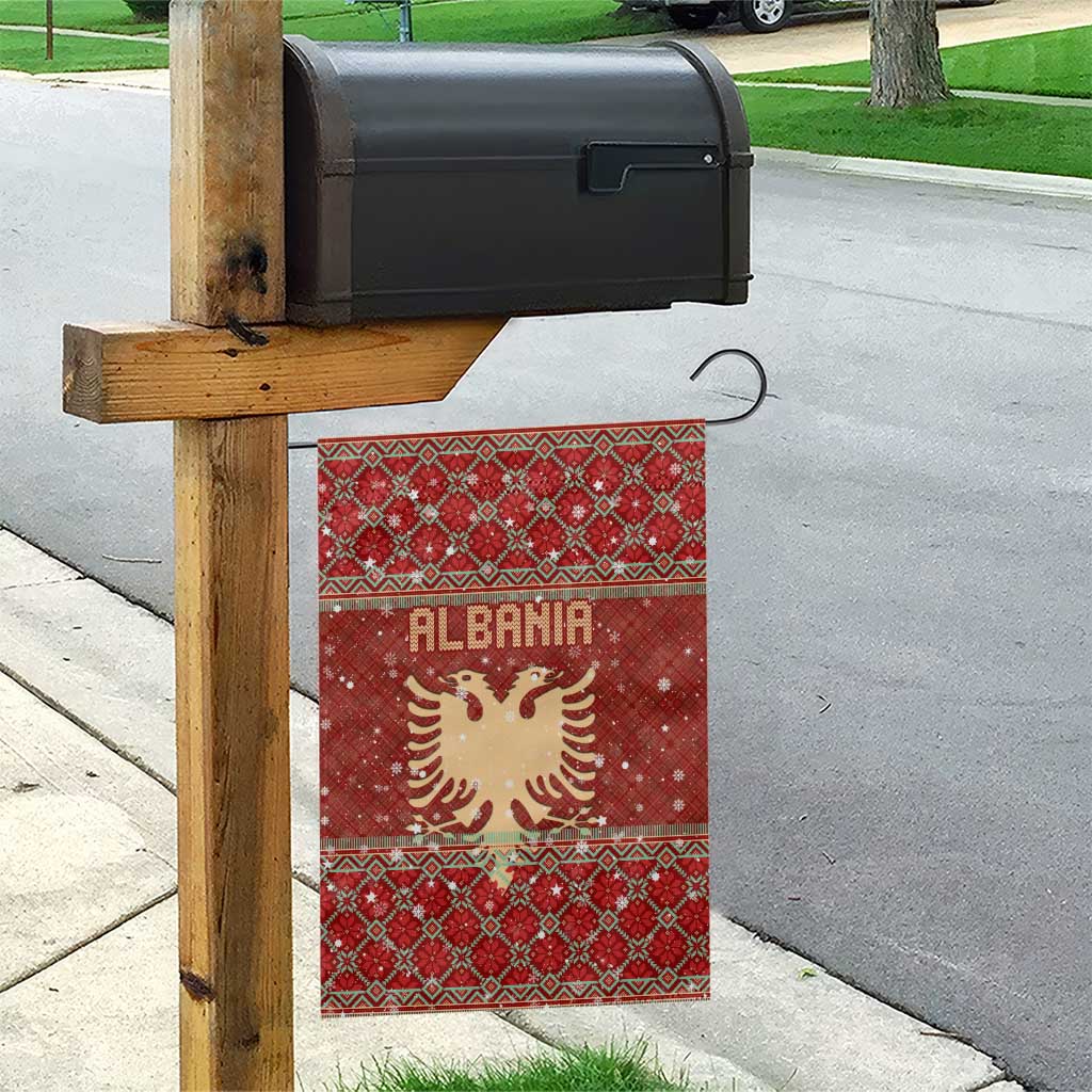 Albania Christmas Garden Flag with Red Geometric Design, Golden Double-Headed Eagle, and Santa Motif - Wonder Print Shop