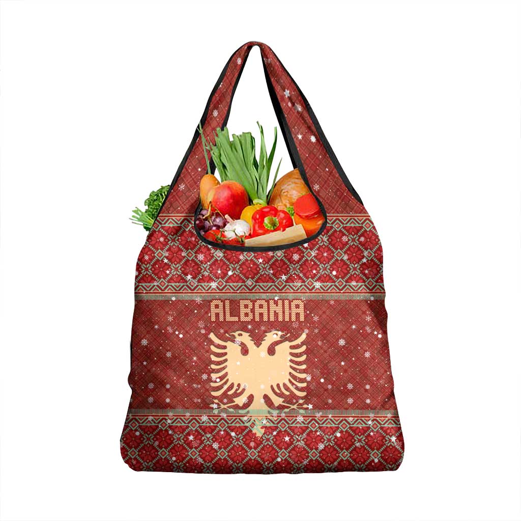 Albania Christmas Grocery Bag with Red Geometric Design, Golden Double-Headed Eagle, and Santa Motif - Wonder Print Shop