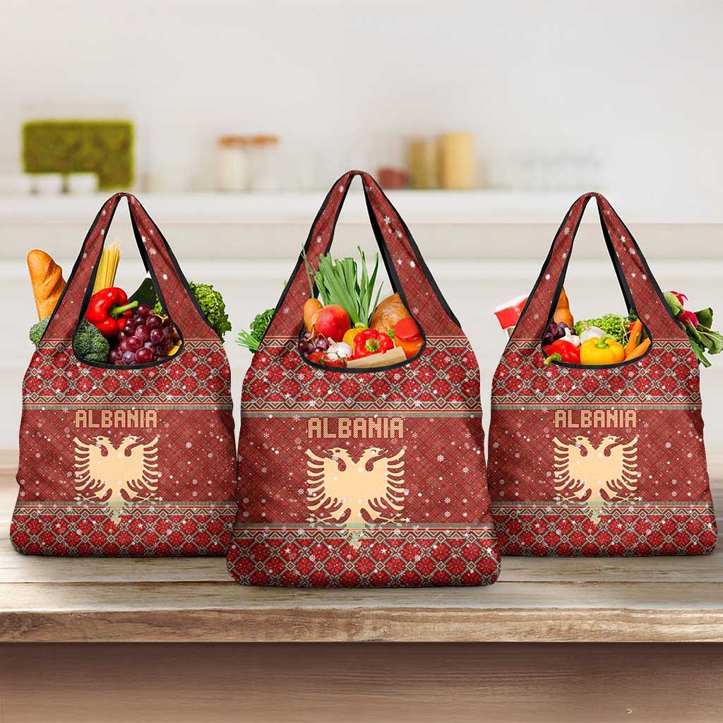 Albania Christmas Grocery Bag with Red Geometric Design, Golden Double-Headed Eagle, and Santa Motif - Wonder Print Shop