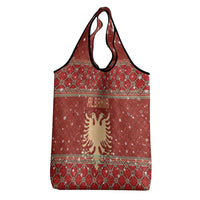 Albania Christmas Grocery Bag with Red Geometric Design, Golden Double-Headed Eagle, and Santa Motif - Wonder Print Shop