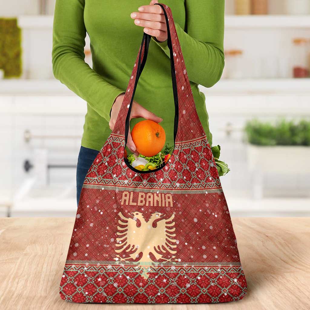 Albania Christmas Grocery Bag with Red Geometric Design, Golden Double-Headed Eagle, and Santa Motif - Wonder Print Shop